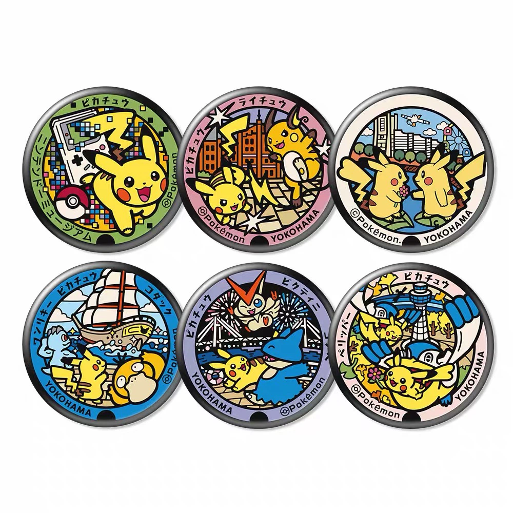 Pokemon Badge Button Magnets, 6‑Pack, Pikachu Eevee Gengar, Anime Collectible Refrigerator Magnets, Cartoon Decor Accessories