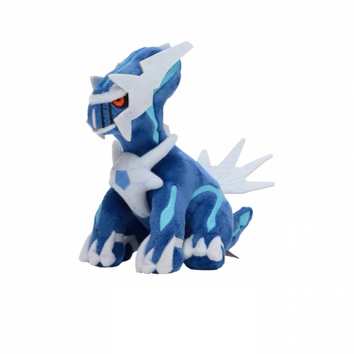 Blue Armored Dragon Plush Toy, Sitting Posture Stuffed Animal Doll with White Horns and Blade Back, Collectible Anime Plush, Size 16×10.5×16 cm for Display & Fan Gift