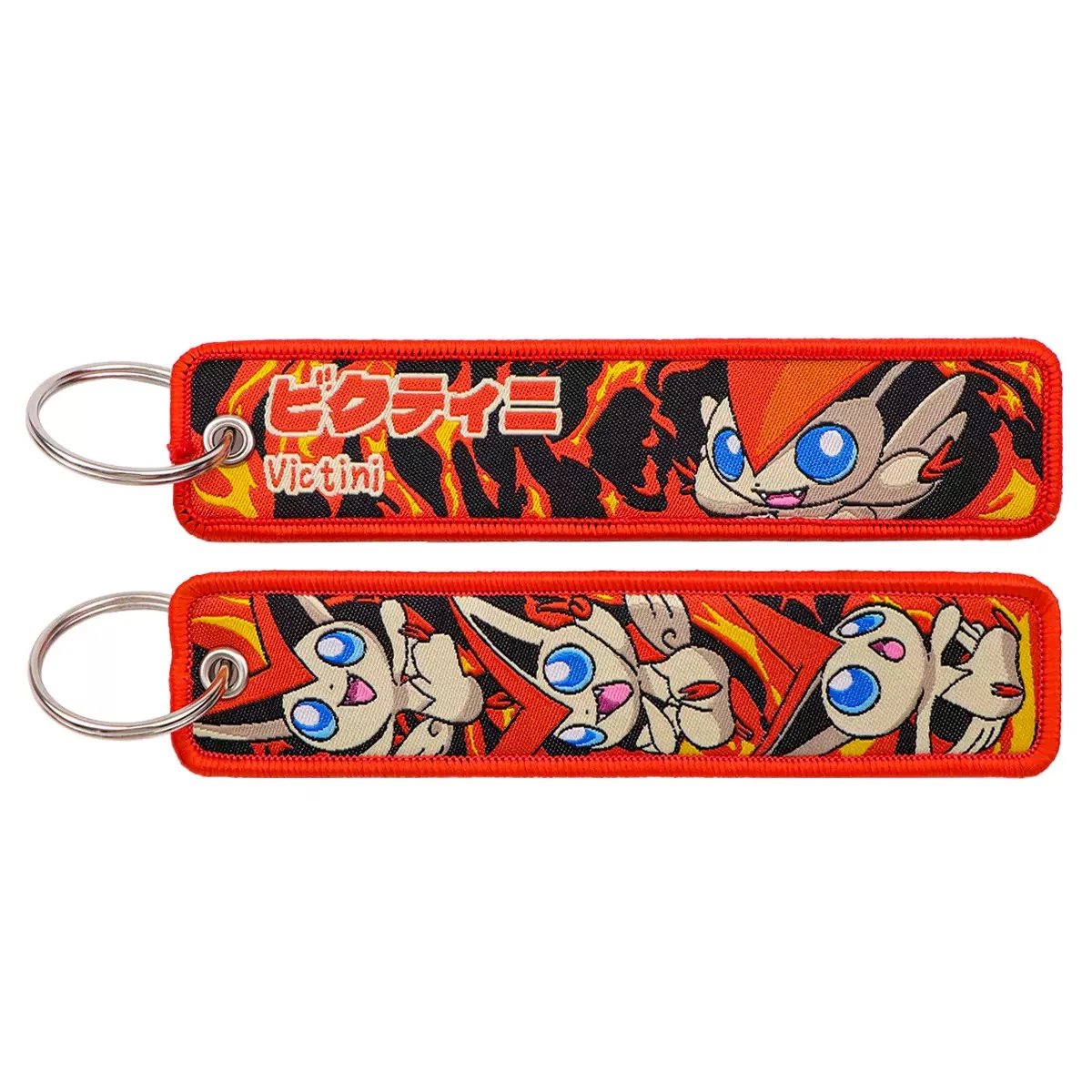 Victini Pokémon Embroidered Key Tag, Double‑Sided Woven Jet Tag Keychain with Metal Ring ****